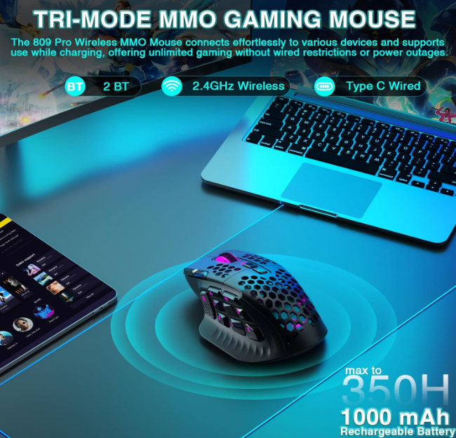 SM809pro Tri-Mode MM0 Wireless Gaming Mouse, Adjustable DPI RGB Backlight,black