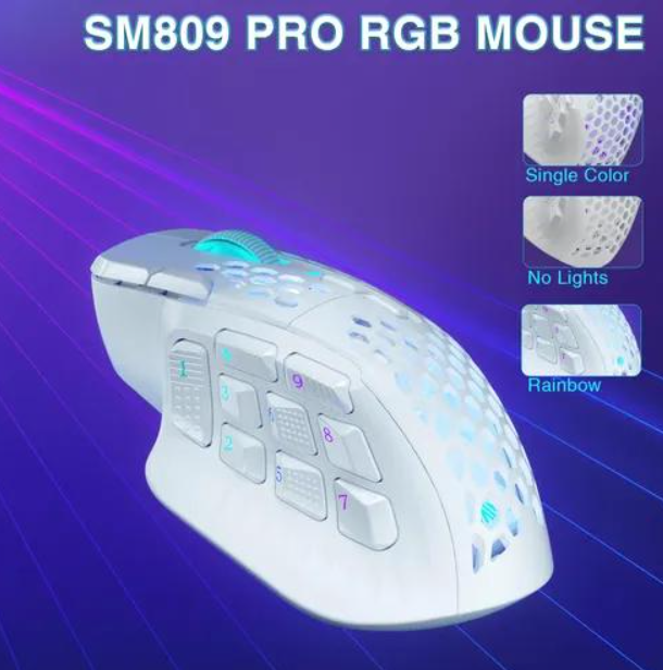 SM809pro Tri-Mode MM0 Wireless Gaming Mouse, Adjustable DPI RGB Backlight,white
