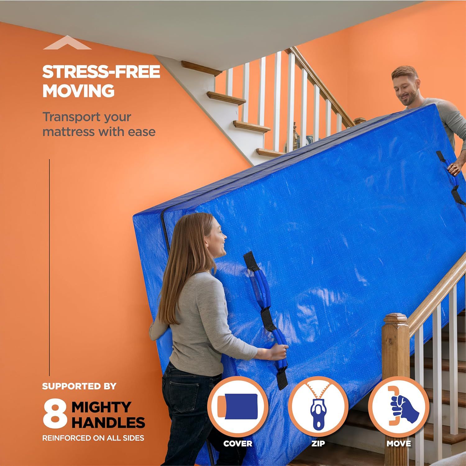 Waterproof Mattress Bag Mattresses Protector Plastic Moving Storage Dust Cover Carry Bed Zipper Packing Reusable Disposal, Extra Thick Heavy Duty, with 8 Handles(Queen)