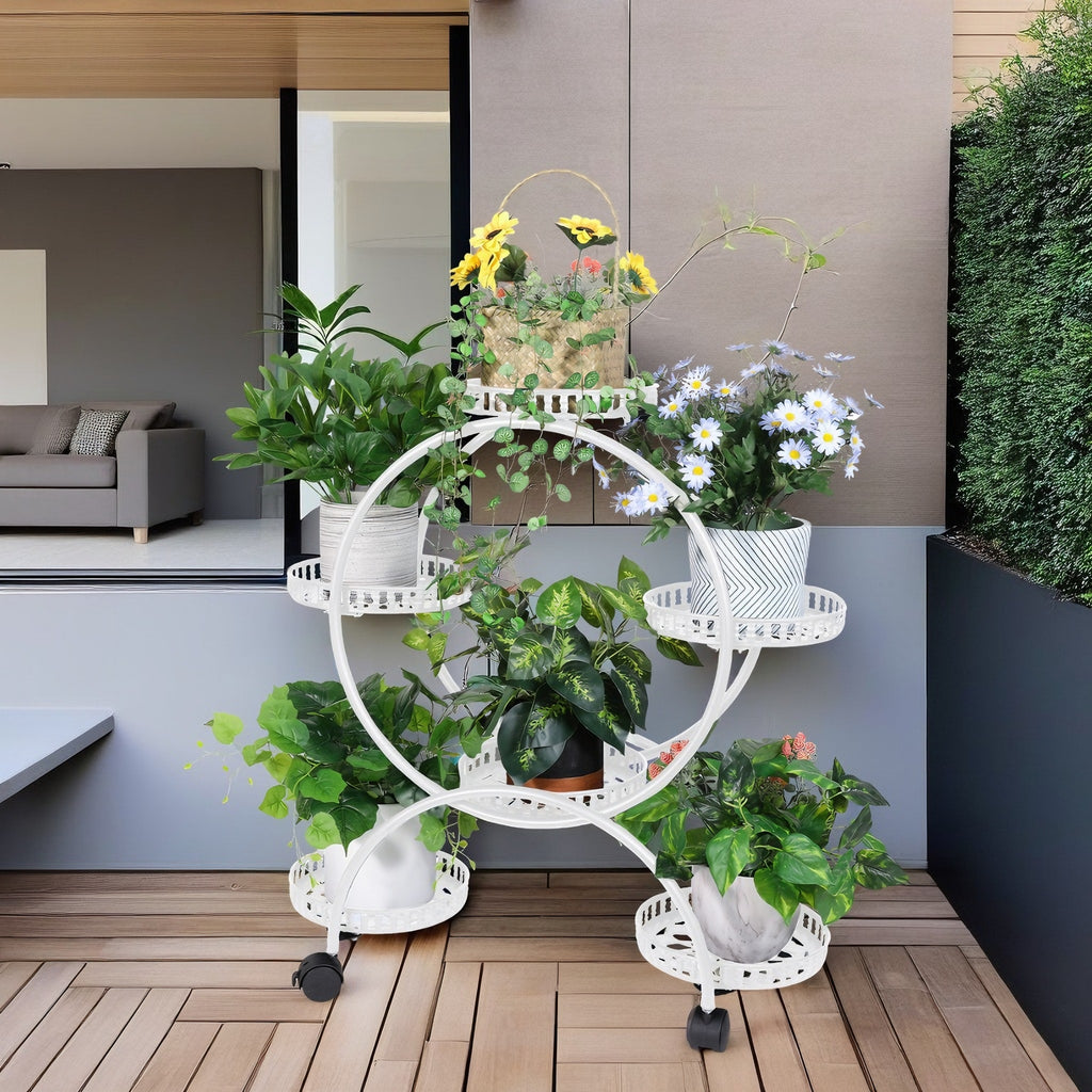 Fin White Metal Plant Stand 6-Potted Flower Pot Holder W Wheels 4 Tier Display Shelf