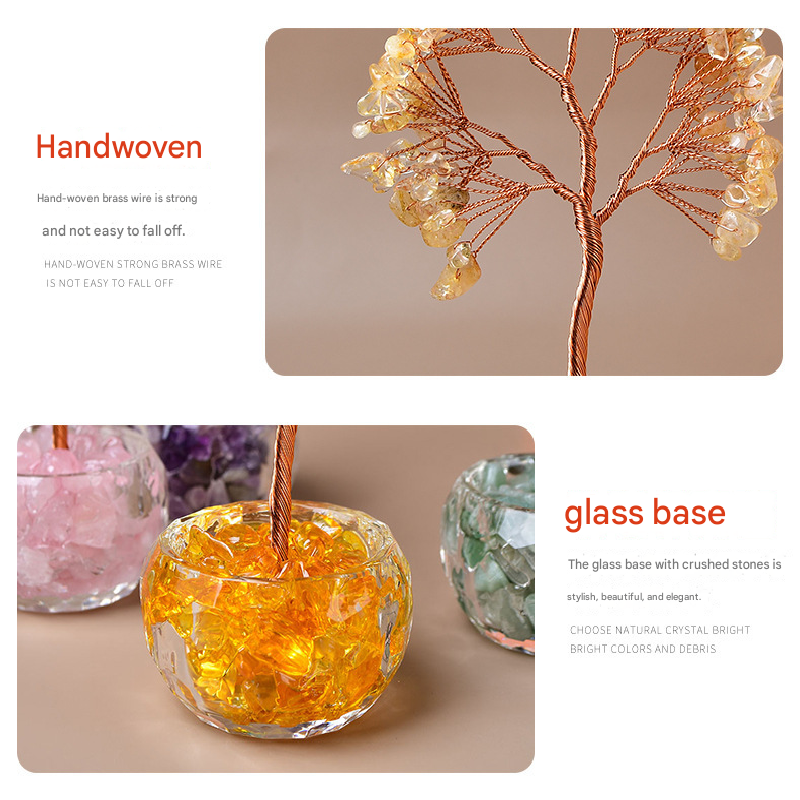 Pink Natural Crystal Tree Ornament – Handmade Miniature Decorative Tree with Glass Base for Home, Office & Gift