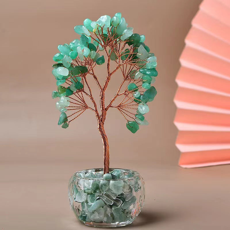 Green Natural Crystal Tree Ornament – Handmade Miniature Decorative Tree with Glass Base for Home, Office & Gift