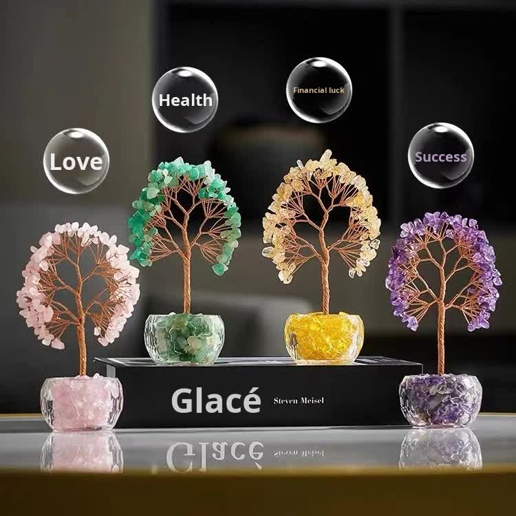 Yellow Natural Crystal Tree Ornament – Handmade Miniature Decorative Tree with Glass Base for Home, Office & Gift