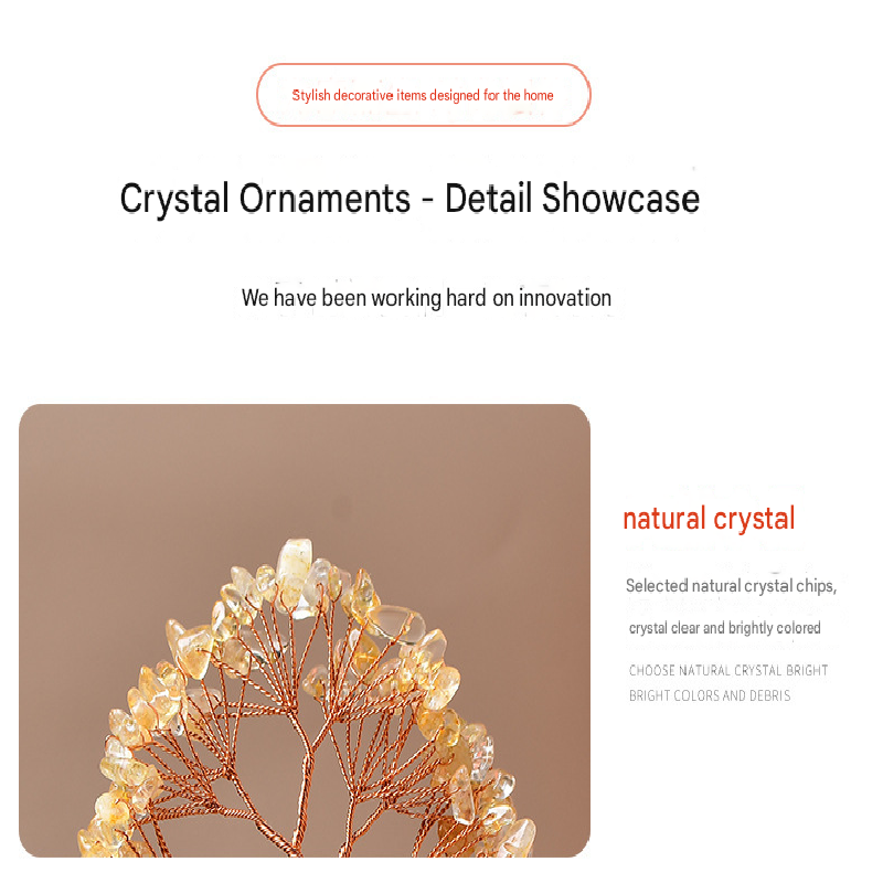 Yellow Natural Crystal Tree Ornament – Handmade Miniature Decorative Tree with Glass Base for Home, Office & Gift