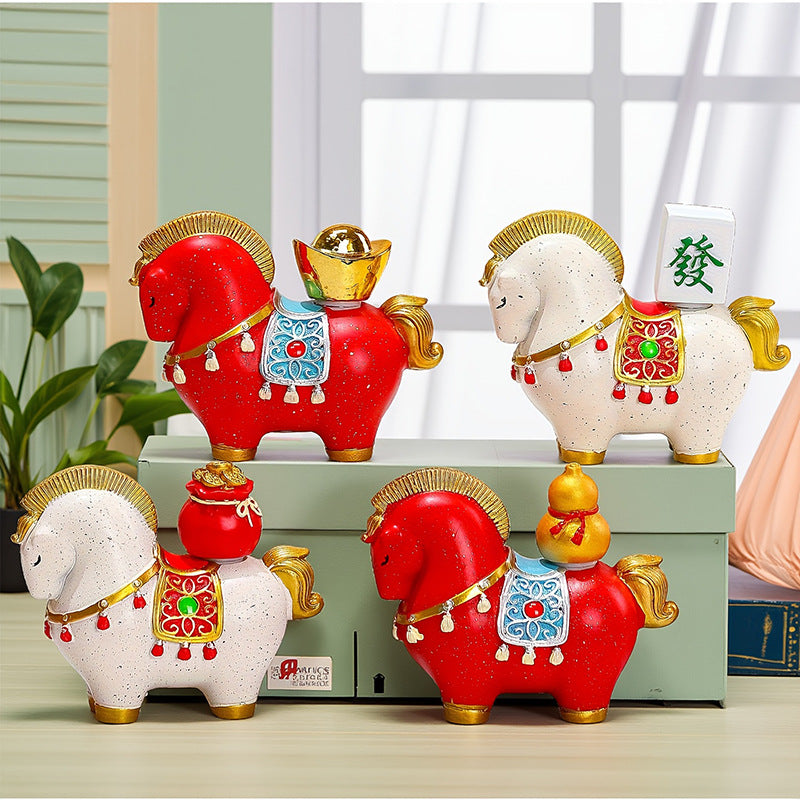 White New Chinese Style Resin Horse Figurine with Rotating Lucky Bag – Elegant Home or Office Decor for Modern Living Spaces(Money at your fingertips)