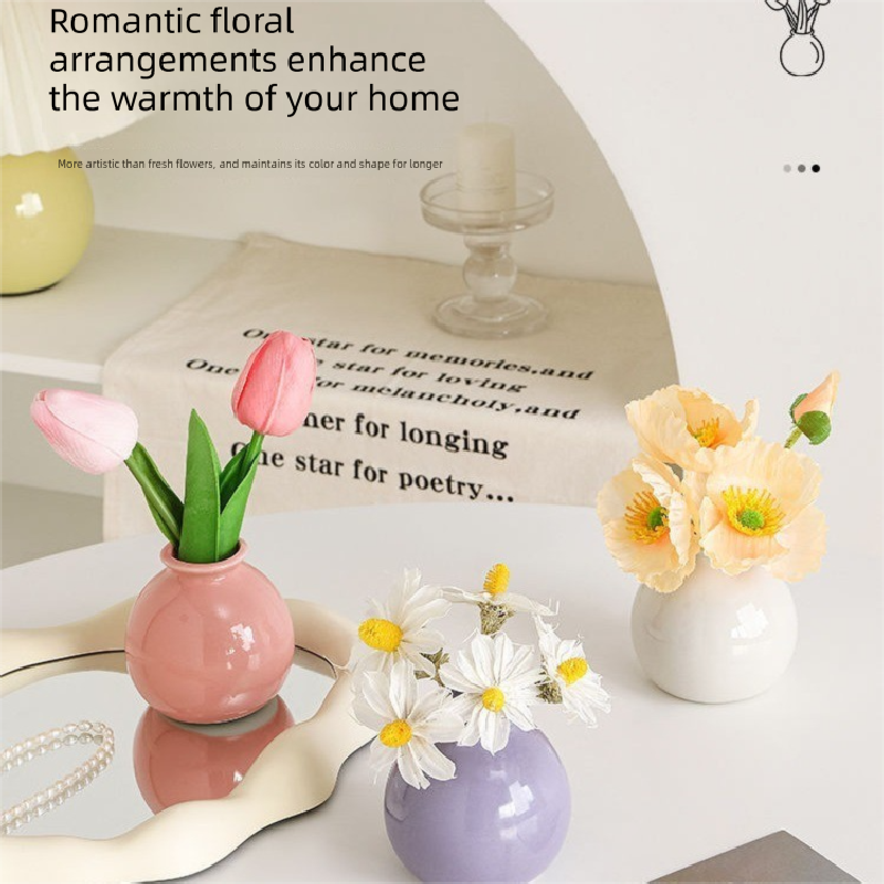 Ceramic Vase with Artificial Flowers Set – Mini Decorative Pot for Home Living Room or Desk Display(Dark pink vase and tulips)