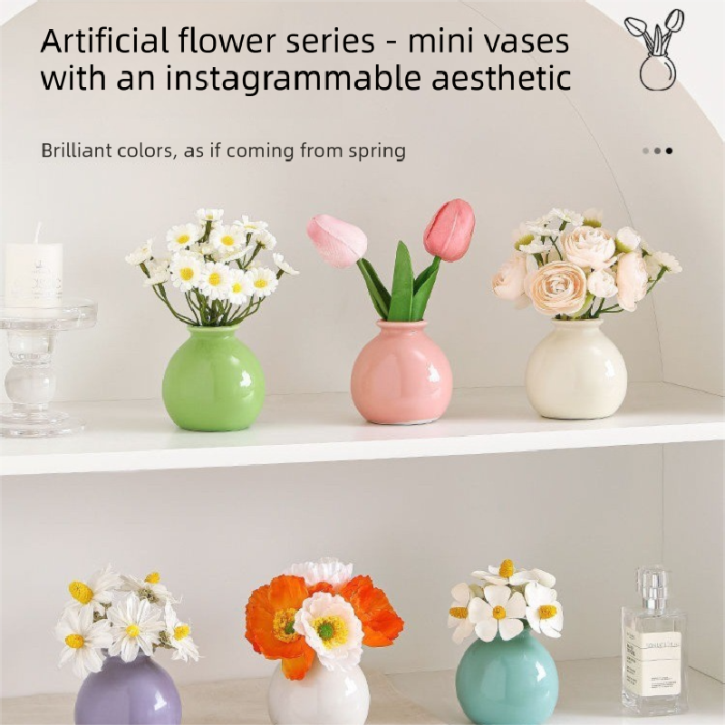 Ceramic Vase with Tulip Artificial Flowers Set – Mini Decorative Pot for Home Living Room or Desk Display
