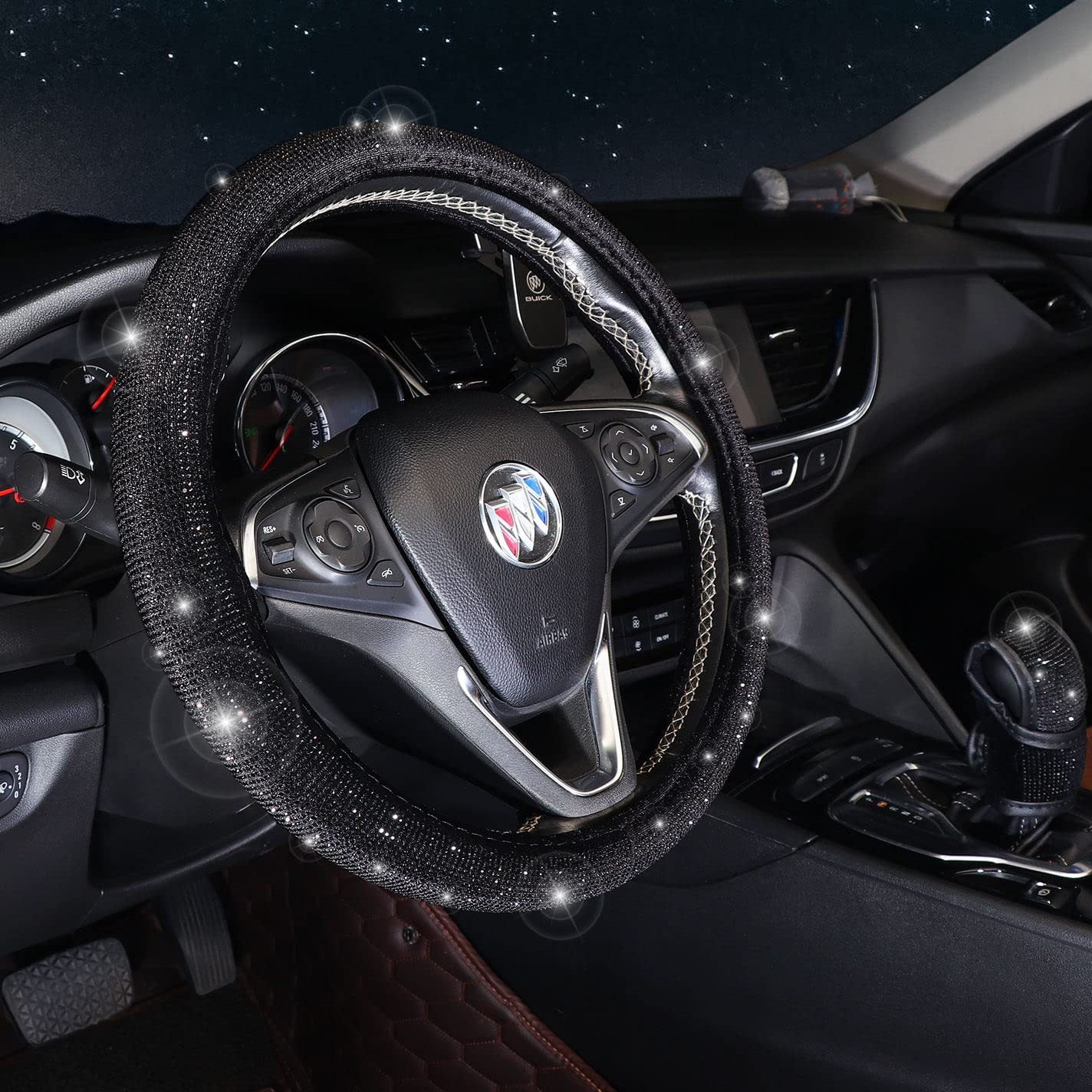 Orange 7-Piece Car Interior Decoration Set – Crystal Rhinestone Steering Wheel Cover, Gear Shift Cover, Seat Belt Pads, Cup Coasters & Ignition Switch Cover