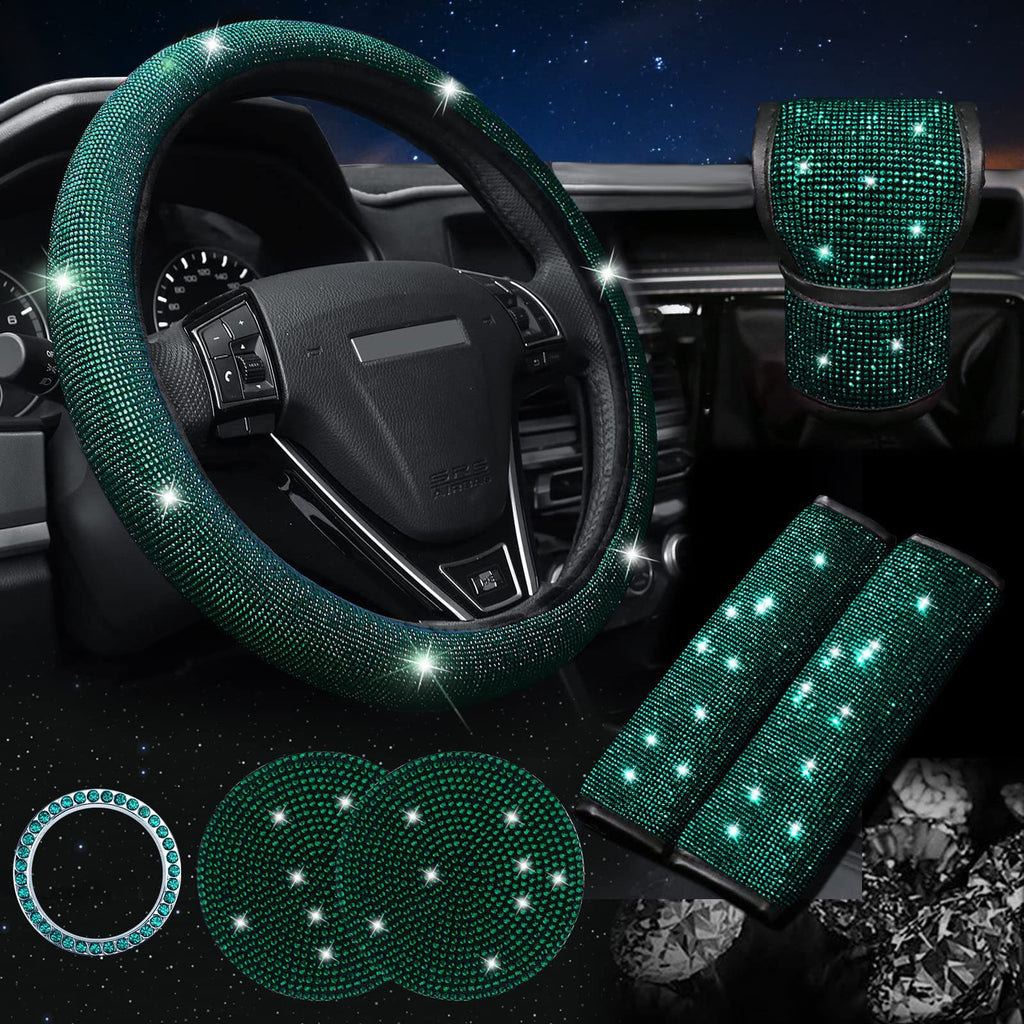 Green 7-Piece Car Interior Decoration Set – Crystal Rhinestone Steering Wheel Cover, Gear Shift Cover, Seat Belt Pads, Cup Coasters & Ignition Switch Cover