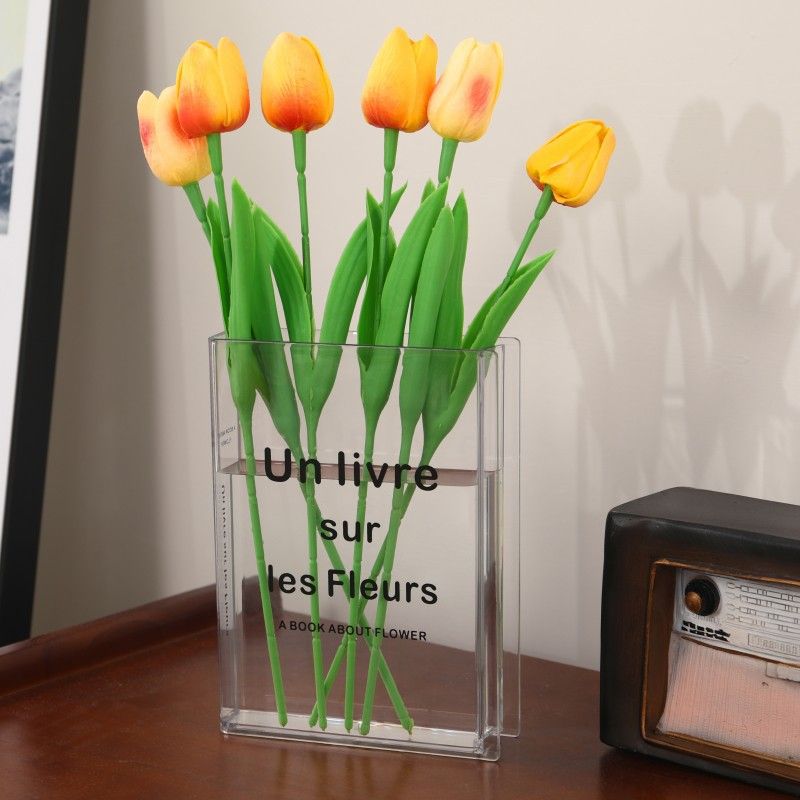 Minimalist Clear Acrylic Book Vase (Un livre sur les Fleurs) - Space Saving Desktop Ornament & Bookish Gift- Durable Unbreakable Hydroponic Vessel for Home and Office Decor