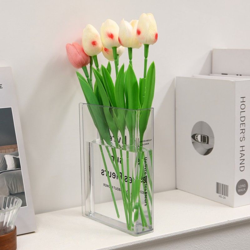 Minimalist Clear Acrylic Book Vase (Un livre sur les Fleurs) - Space Saving Desktop Ornament & Bookish Gift- Durable Unbreakable Hydroponic Vessel for Home and Office Decor