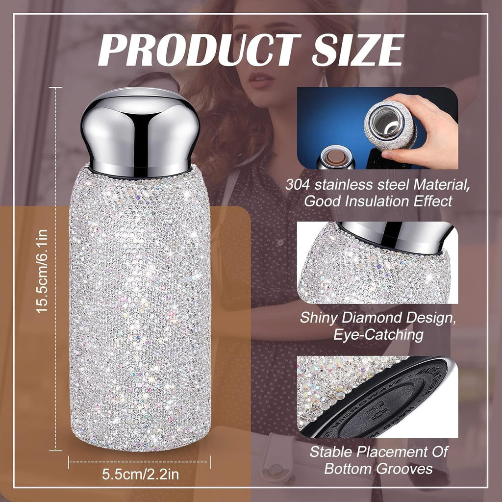Pink Heart Pattern Handmade Luxury Diamond Insulated Water Bottle – Bling Rhinestone 304 Stainless Steel Pocket Mug (260ml)