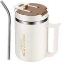 White and Brown 16oz Stainless Steel Office Mug with Phone Stand Lid, Straw and Spoon - 500ML Double Wall Insulated Coffee Cup, Wide Handle and 3 Drinking Ways