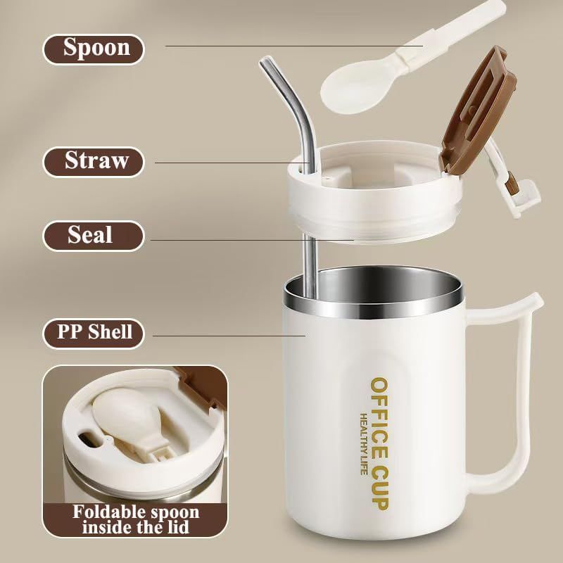 White and Brown 16oz Stainless Steel Office Mug with Phone Stand Lid, Straw and Spoon - 500ML Double Wall Insulated Coffee Cup, Wide Handle and 3 Drinking Ways