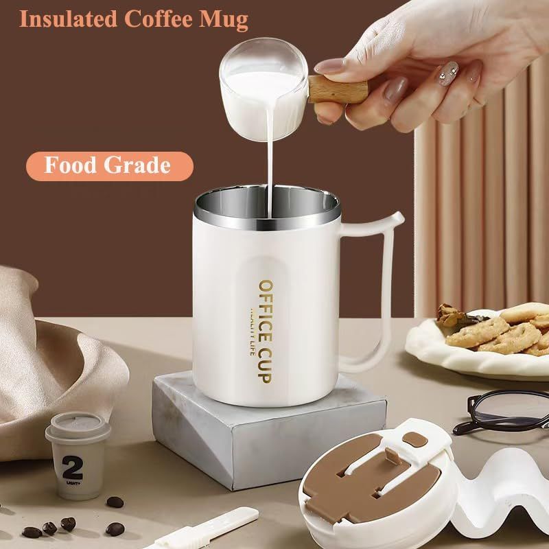 White and Brown 16oz Stainless Steel Office Mug with Phone Stand Lid, Straw and Spoon - 500ML Double Wall Insulated Coffee Cup, Wide Handle and 3 Drinking Ways