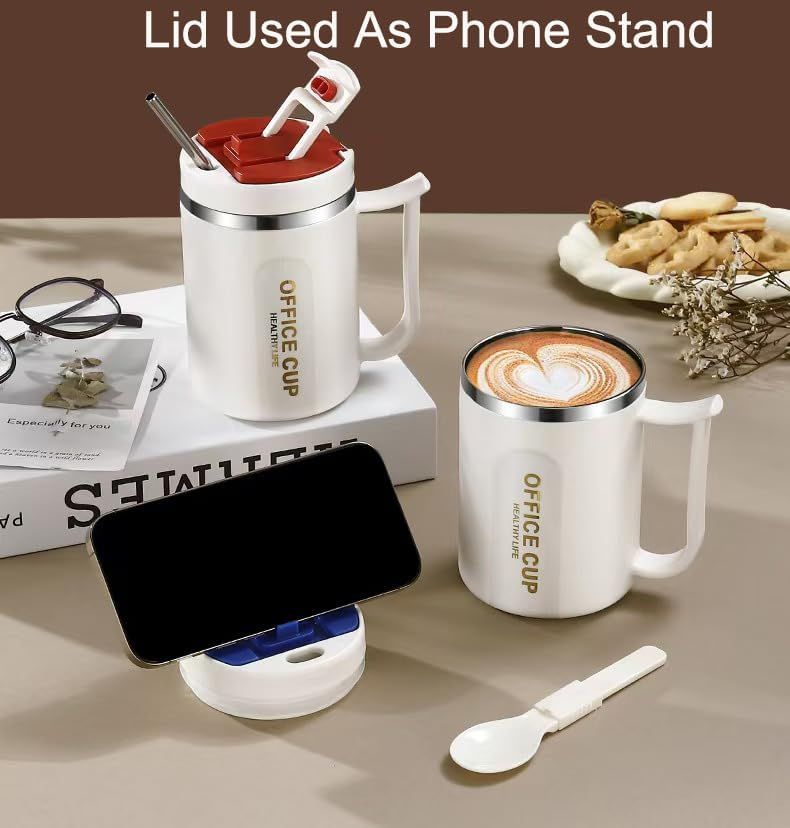 White and Grey 16oz Stainless Steel Office Mug with Phone Stand Lid, Straw and Spoon - 500ML Double Wall Insulated Coffee Cup, Wide Handle and 3 Drinking Ways