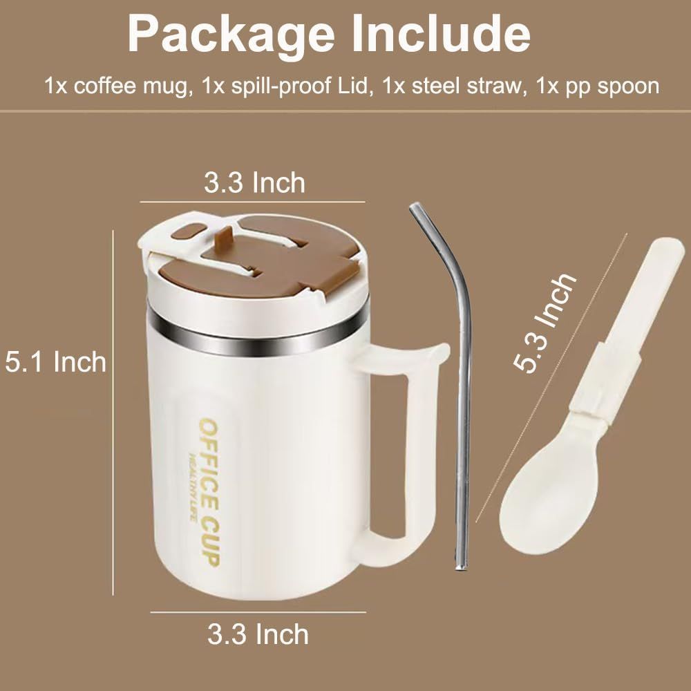 White and Grey 16oz Stainless Steel Office Mug with Phone Stand Lid, Straw and Spoon - 500ML Double Wall Insulated Coffee Cup, Wide Handle and 3 Drinking Ways