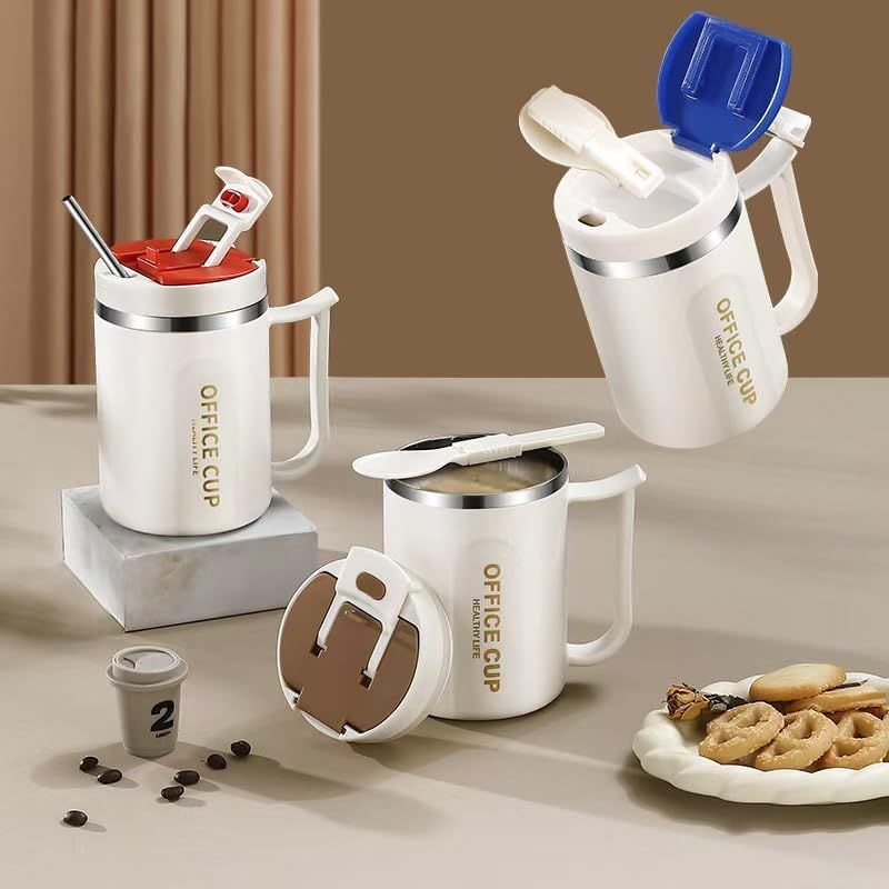 White and Grey 16oz Stainless Steel Office Mug with Phone Stand Lid, Straw and Spoon - 500ML Double Wall Insulated Coffee Cup, Wide Handle and 3 Drinking Ways