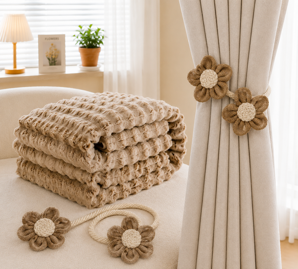 Light camel Luxury Bubble Fleece Throw Blanket 180x200cm Sofa Couch Bed Blanket with FREE Pair of Flower Curtain Tiebacks, Soft Plush Textured Home Throw for Living Room Bedroom Decor