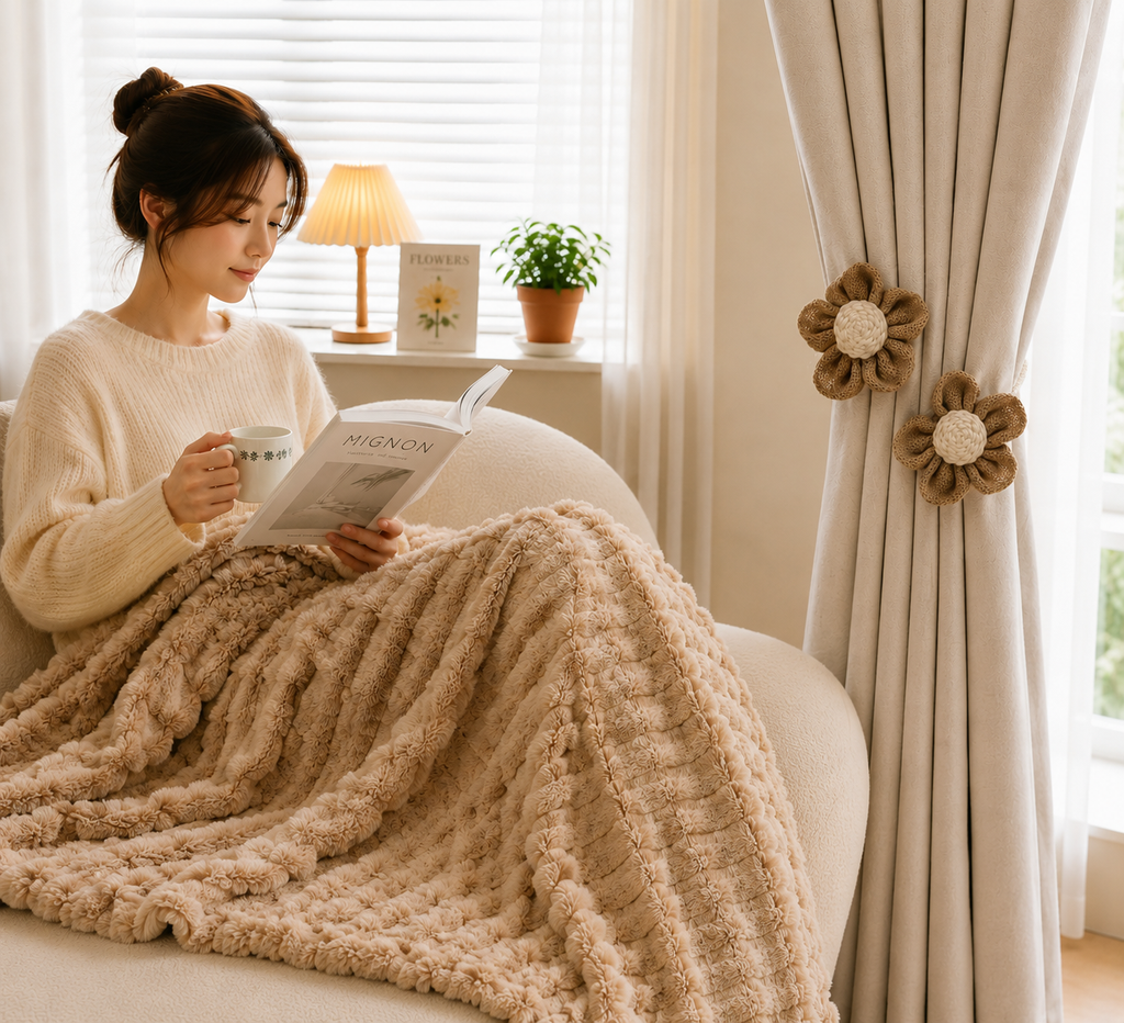 Light camel Luxury Bubble Fleece Throw Blanket 180x200cm Sofa Couch Bed Blanket with FREE Pair of Flower Curtain Tiebacks, Soft Plush Textured Home Throw for Living Room Bedroom Decor
