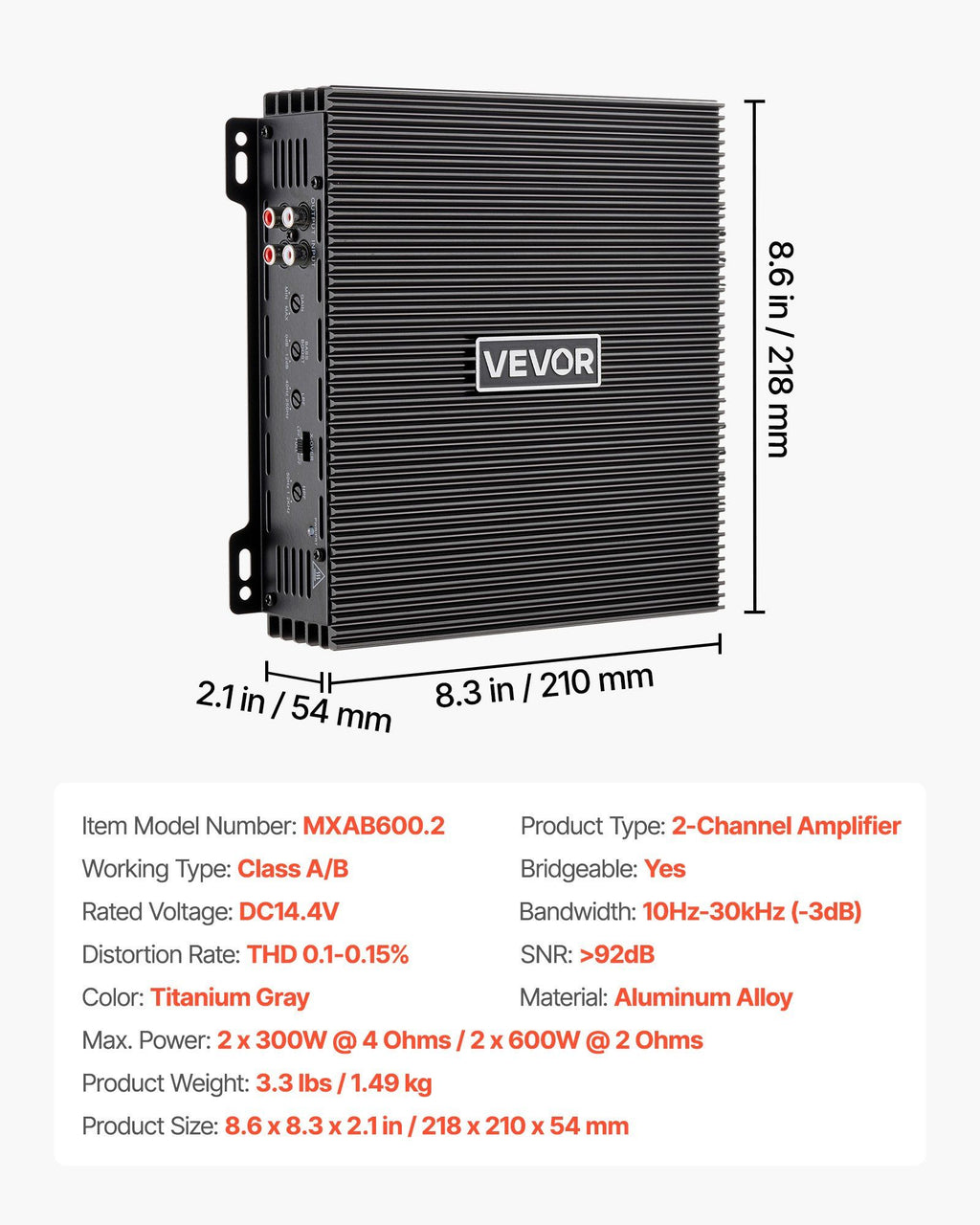 Car Audio Amplifier, 2-Channel Bridgeable Car Amplifier, Full-Range Class AB Stereo Amp, Max. 2 x 300W at 4 Ohms / 2 x 600W at 2 Ohms, High Output, for SUVs, Pickups, and Off-Road Vehicles