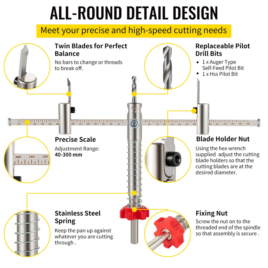 Adjustable Hole Saw Cutter Kit, 1-5/8\" to 11-13 /16\" (40-300 mm), Recessed Hole Saw with PC Dust Shield, Two Replaceable Pilot Drill Bits, for Recessed Lights, Ceiling Speakers, Vent Holes
