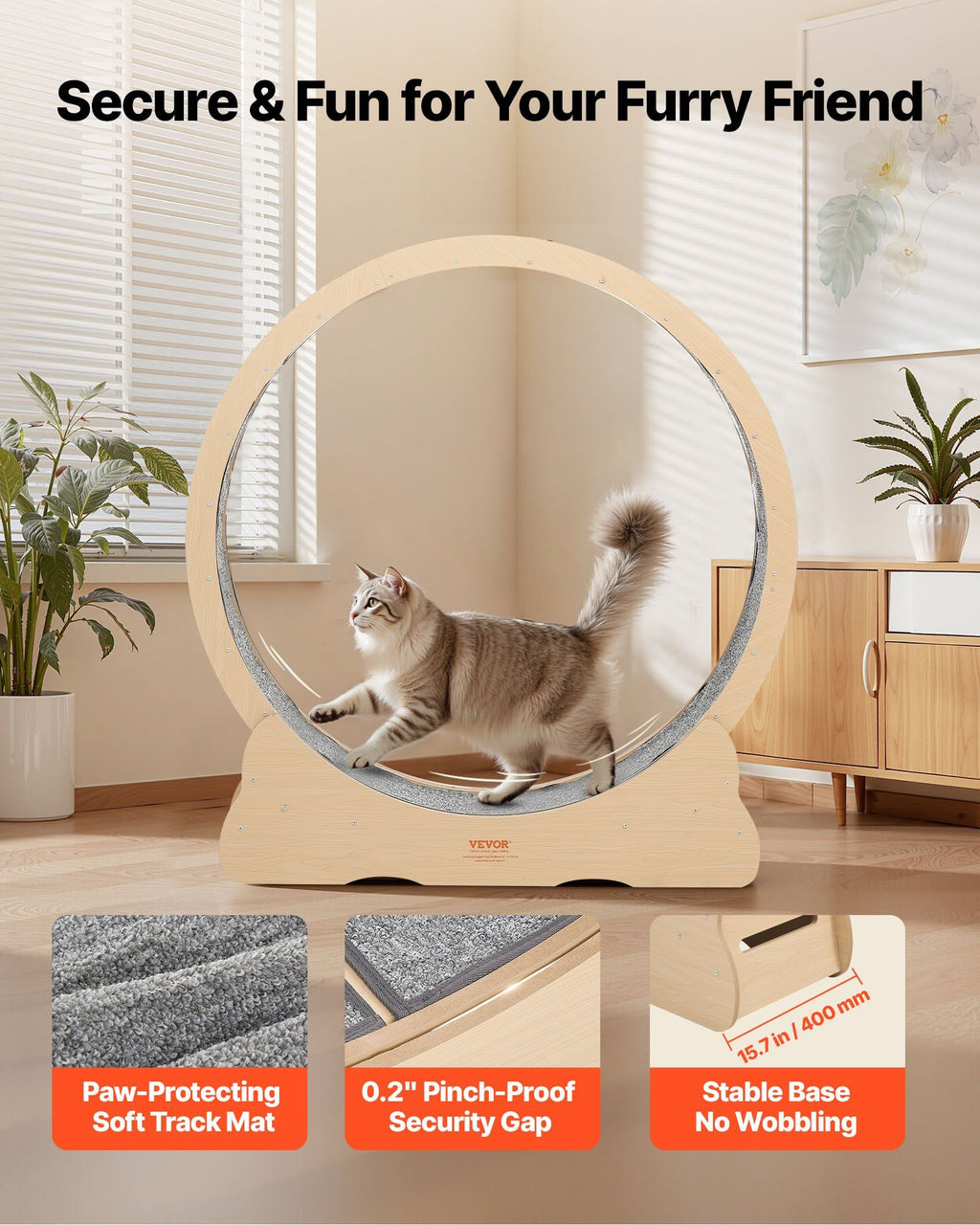 Cat Exercise Wheel, 120cm Wooden Cat Running Wheel for Indoor Cats up to 12.7kg Cats Treadmill with Carpeted Runway & Locking Mechanism, Quiet Roller Kitten Sport Toys for Pets Fitness & Health