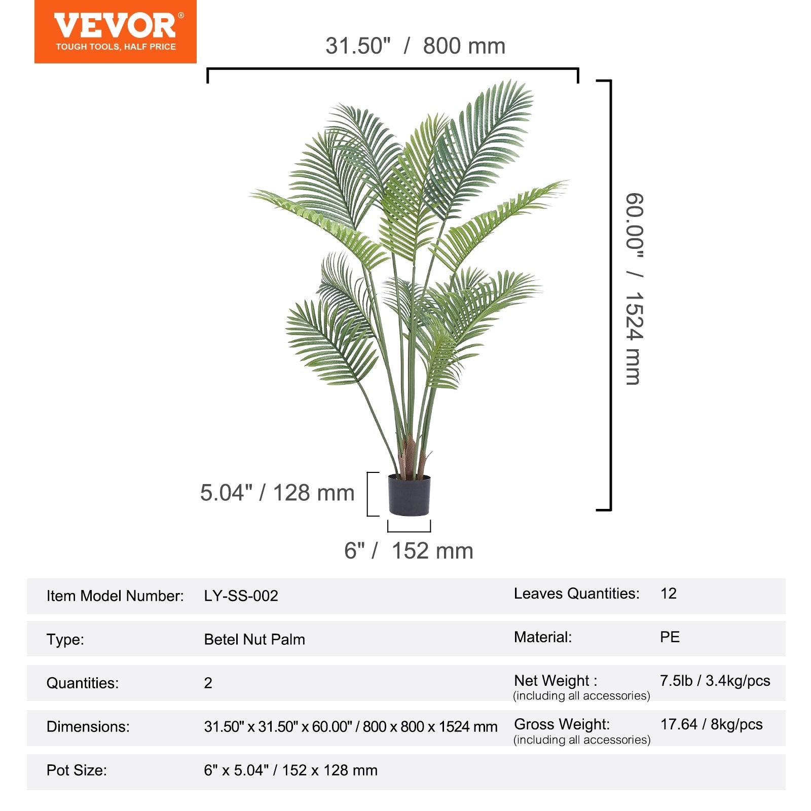 Artificial Palm Tree, 1.5m Tall Faux Plant, Secure PE Material & Anti-Tip Tilt Protection Low-Maintenance Plant, Lifelike Green Fake Tree for Home Office Warehouse Decor Indoor Outdoor