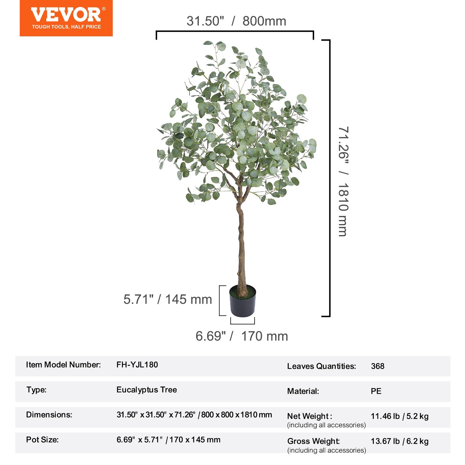 Artificial Eucalyptus Tree, 15.2cm Tall Faux Plant, Secure PE Material & Anti-Tip Tilt Protection Low-Maintenance Plant, Lifelike Green Fake Potted Tree for Home Office Decor Indoor Outdoor
