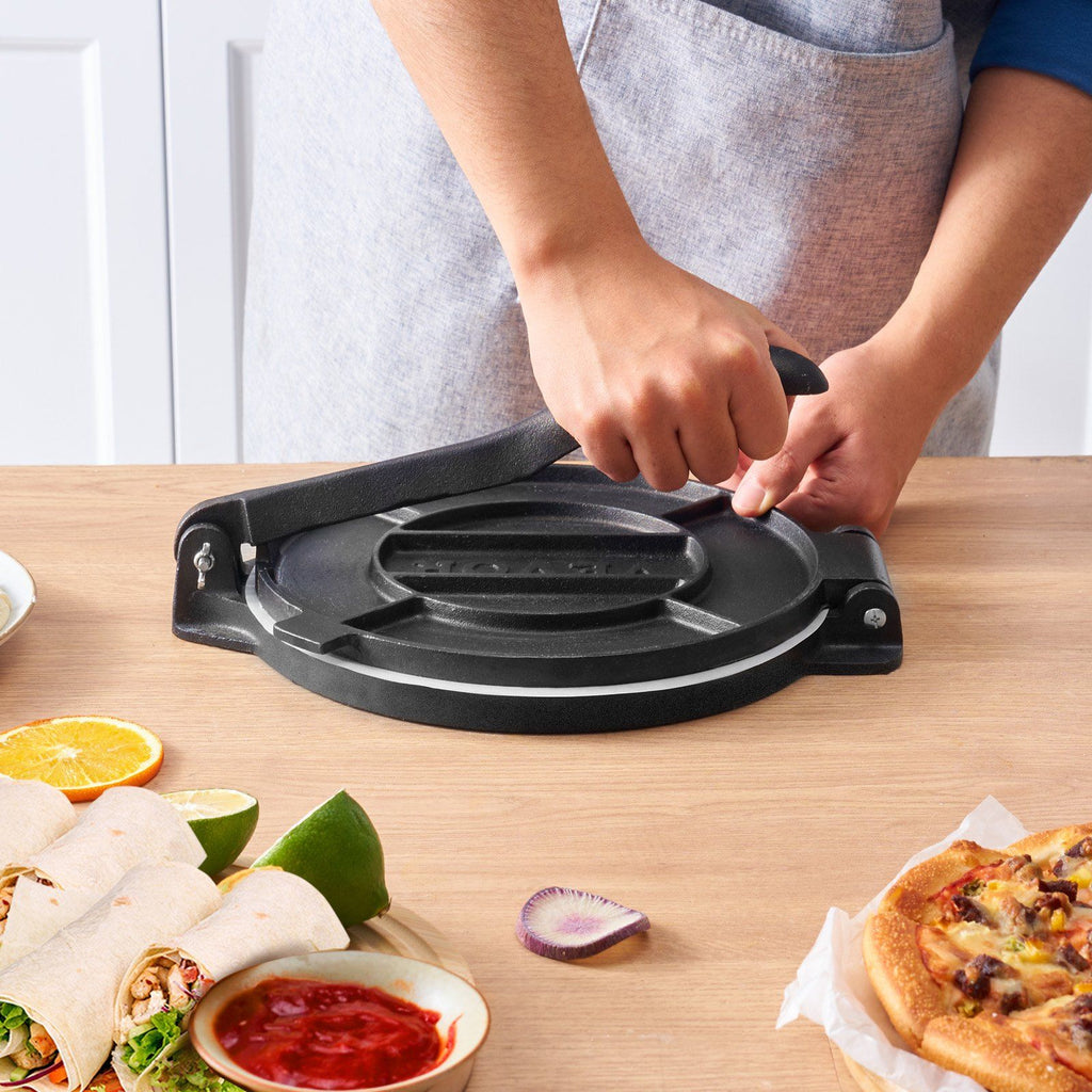 Tortilla Press, 250mm Tortilla and Roti Maker, Cast Iron Heavy Duty Tortilladora Press, Pre-Seasoned Pataconera Maker with 100 Pcs Parchment Paper, Dough Maker for Flour Tortilla, Tawa, Silver