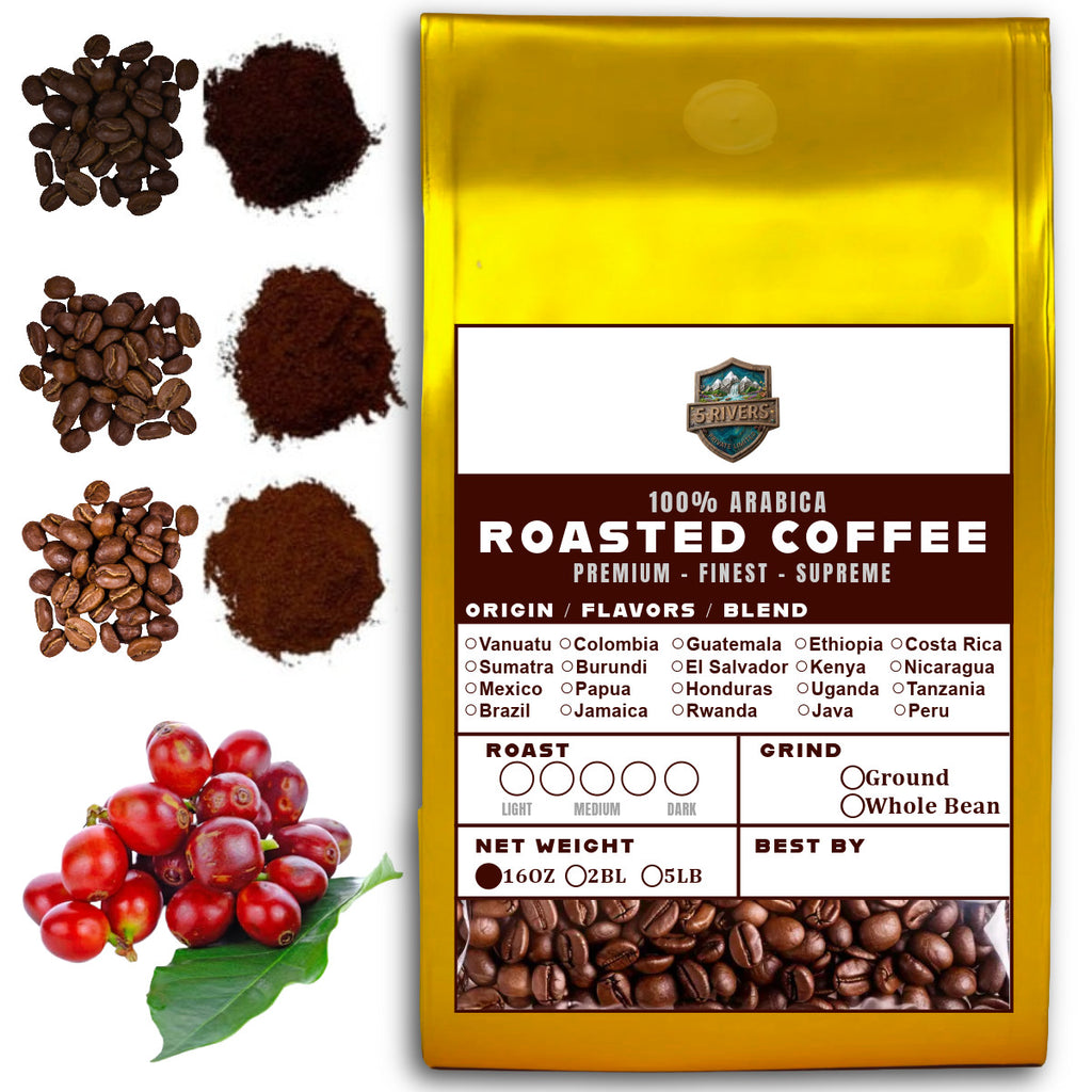 5LB Specialty Whole Bean and Ground Coffee Supreme Finest Artisan for Drips Cold Brew Espresso French Press Dark Medium Light Roast from Vanuatu Sumatra Ethiopia Brazil Kenya Colombia Guatemala Burundi Costa Rica Indonesia Java El Salvador Honduras etc